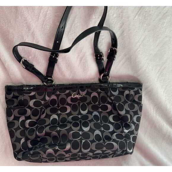 Coach Gallery Signature Tote F18106 Authentic Certification EUC Black Silver - Picture 1 of 8